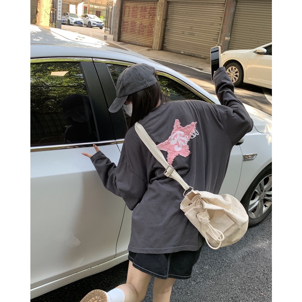 Áo Thun Tay Dài Cổ Tròn Thêu Hình Ngôi Sao Viền Thô Thời Trang Hàn Quốc Dành Cho Bạn Nữ