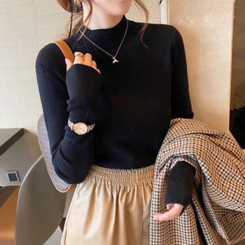 Áo sweater dệt kim RENJIANVSHENG tay dài cổ cao thời trang mùa thu cho nữ