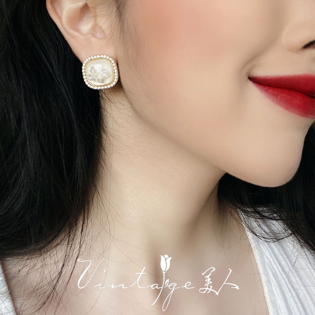 Bông Tai Mạ Bạc 925 Hình Vuông Đính Vỏ Sò Phong Cách Hong Kong Retro Nhật Bản