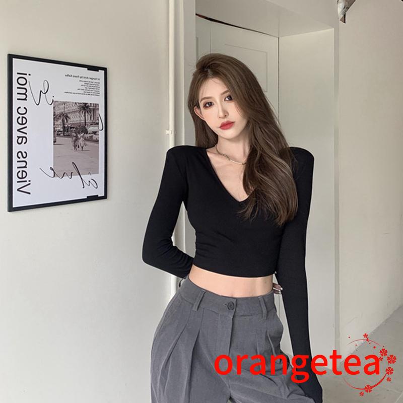 Áo Croptop Tay Dài Cổ Chữ V Màu Trơn Thiết Kế Ôm Sát Tôn Dáng