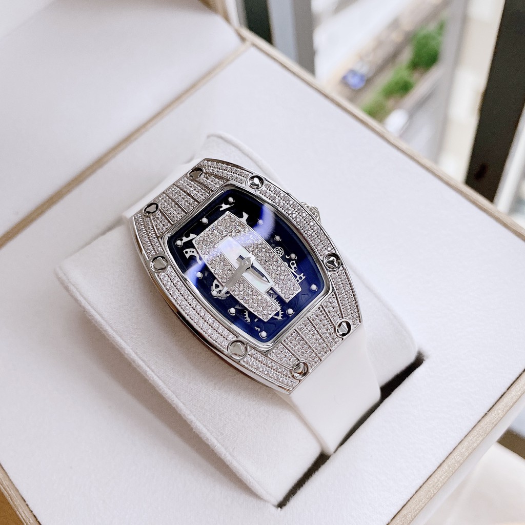 Đồng Hồ Huboler Hanboro Nữ Dây Silicon Trắng Mặt Đính Đá Silver Chính Hãng 31x42mm