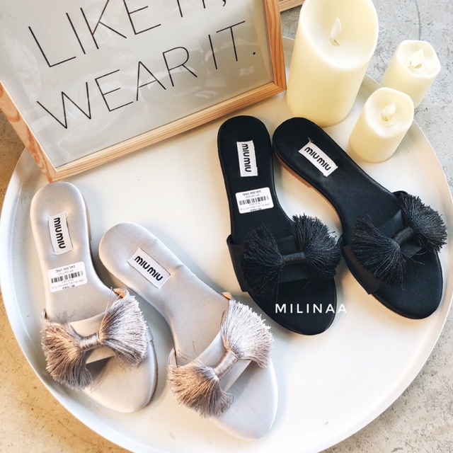 [FREESHIP] DÉP NỮ MIUMIU NHŨ BẢN NƠ TUA RUA VẢI LỤA XUẤT KHẨU