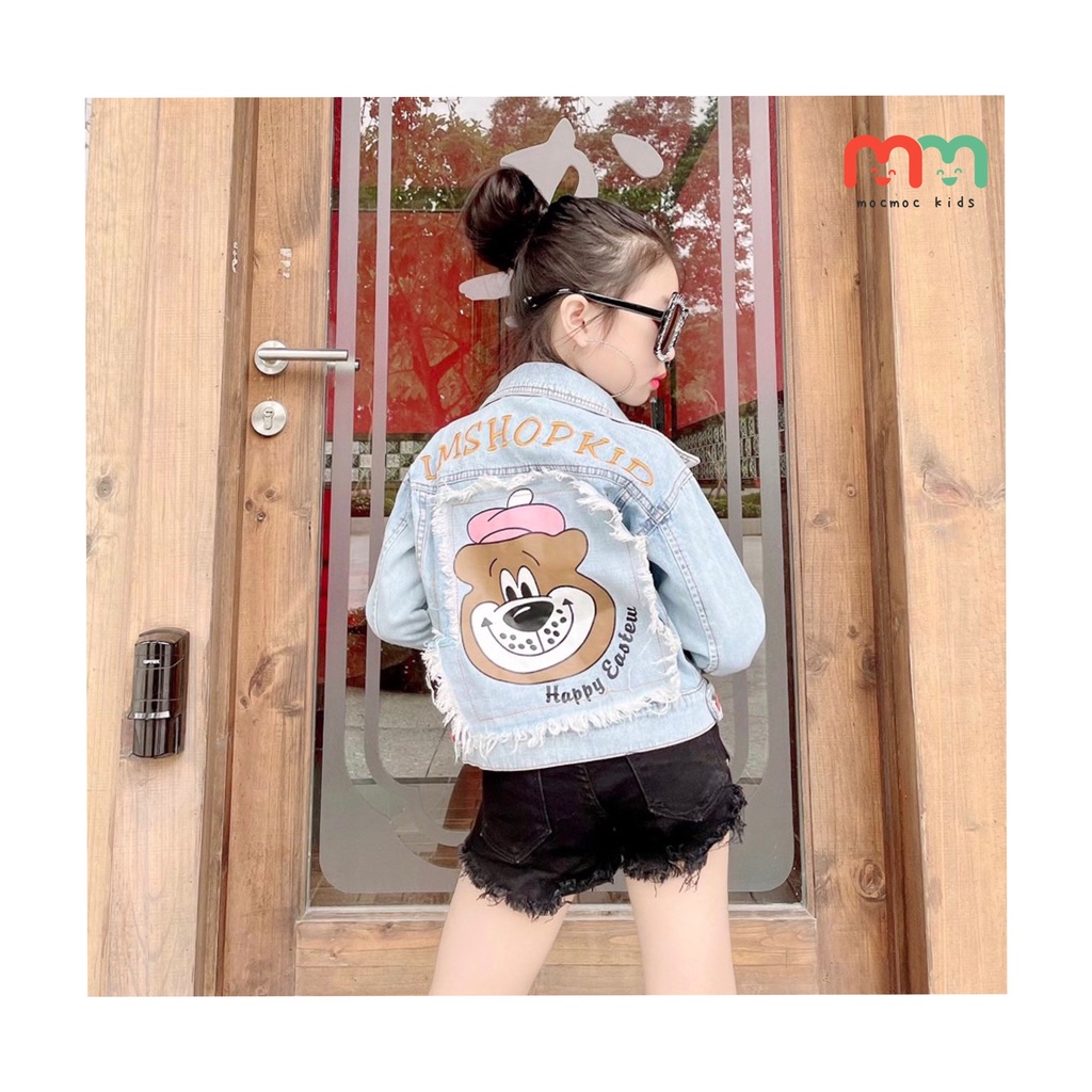 Áo khoác jeans bé gái cá tính, chất jeans mềm form chuẩn đẹp, nút in màu nổi bật cho bé 24kg đến 38kg