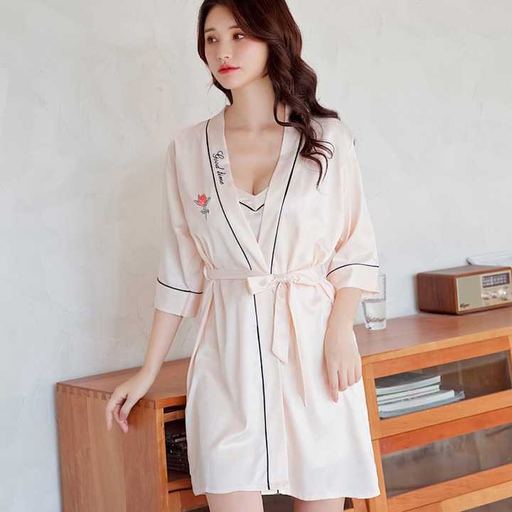 [Mã WASTMAY giảm 15% tối đa 30K đơn 150K] Áo choàng hoa hồng kimono viền sang trọng áo ngủ cao cấp