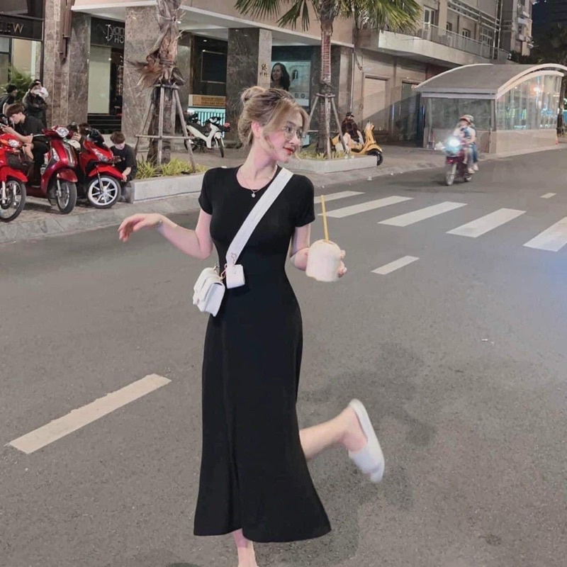 Váy Body cổ tròn Basic dáng xoè tôn dáng hack dáng Váy thun body xẻ tà Bozip co giãn 4 chiều siêu mát mỏng nhẹ