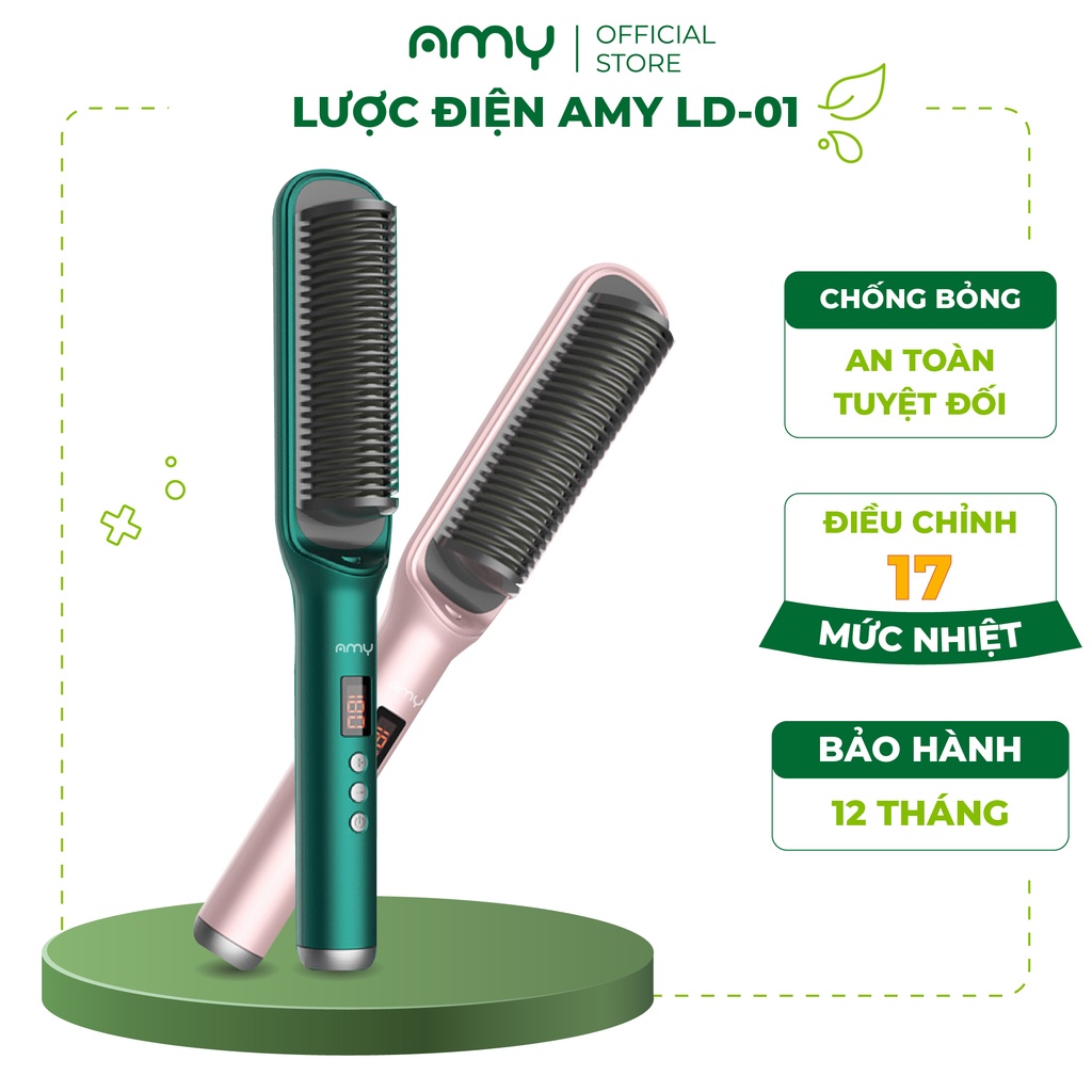 Lược điện chải thẳng tóc, uốn cúp tạo kiểu Amy Beauty với hạt ions âm tránh hư tổn khô tóc