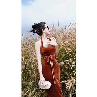 ( ẢNH THẬT - CEERI ) Váy body nhung cao cấp màu cam đất