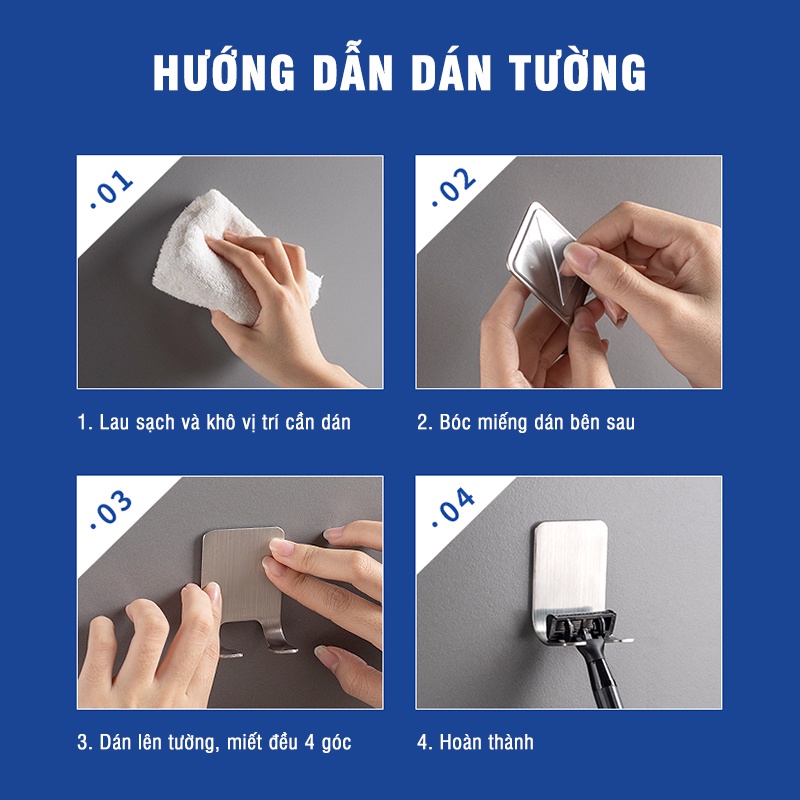 Móc treo dán tường, móc treo dao cạo râu treo phích cắm điện inox 304 chống rỉ chịu lực 5kg