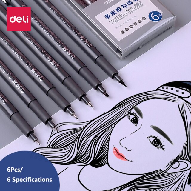 BỘ 6 CÂY BÚT ĐI NÉT DELI S573 (KHÁNG NƯỚC, SIZE 01, 03, 05, 08, 2.0 VÀ BRUSH)