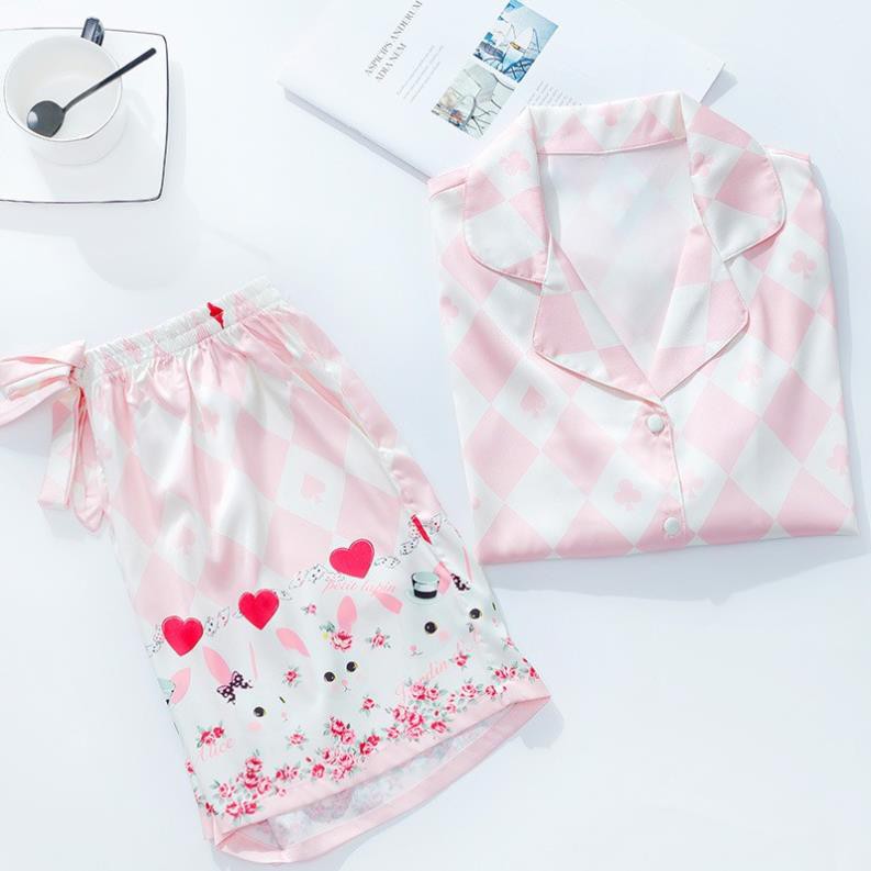 Bộ ngủ lụa pizama hoạ tiết lá bài hàng cao cấp