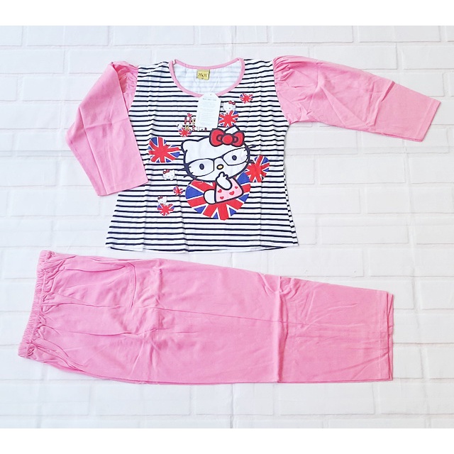 24-27kg Bộ thun tay dài hình mèo Kitty cho bé gái