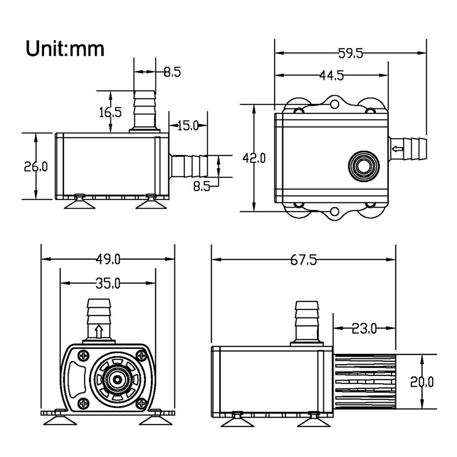 Máy Bơm Nước Mini Dc5V 4.8w 300l/h Mini Không Chổi Than Cổng Usb 300cm