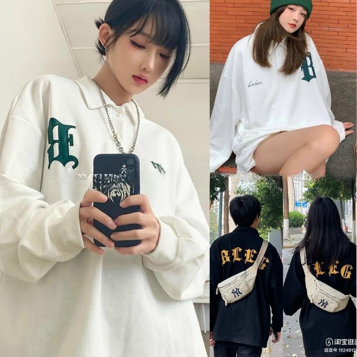 Áo Polo Dài Tay B form rộng unisex Nam Nữ Hai Màu Đen Trắng 2022