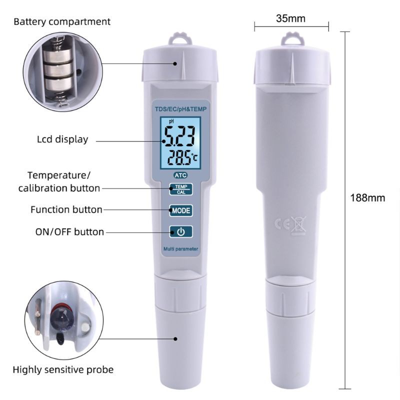 WER 4 in 1 PH/TDS/EC/Temperature Meter PH Meter Digital Water Quality Monitor Tester