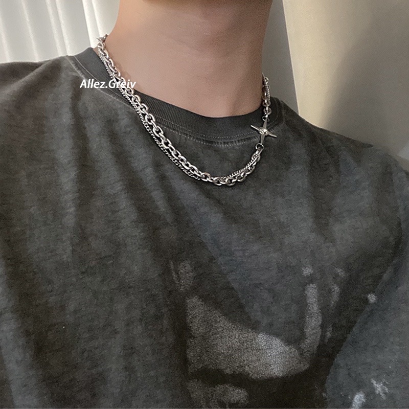 Vòng cổ 2 lớp Stainless Steel phối dây xích mặt ngôi sao 4 cánh đính đá - Dây chuyền Titan Nam Trending