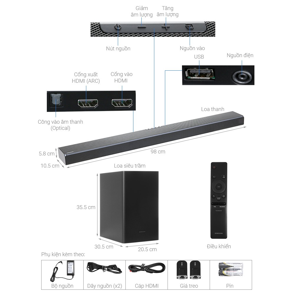 Loa thanh Soundbar Samsung 5.1 HW-Q60T/XV 2020, 360 W, Có cổng USB,Có kèm remote, HDMI Optical USB, Bluetooth 2.0