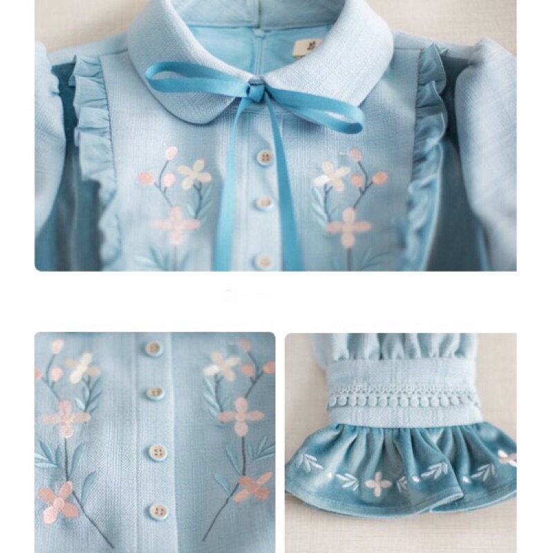 YAS0473-Váy tiểu thư xanh thêu hoa thanh lịch