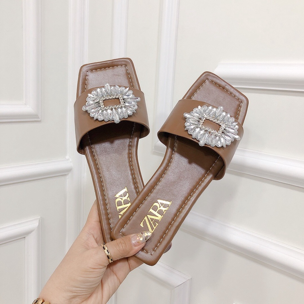 Dép xẹp quai ngang xoàn đá lung linh cực đẹp chất da mềm đi êm - Chị Chảnh Store