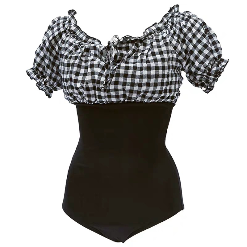 Bikini Trễ Vai Có Tay Liền Che Bụng Quảng Châu Chất Đẹp Kẻ Caro Đen 2344 F-2