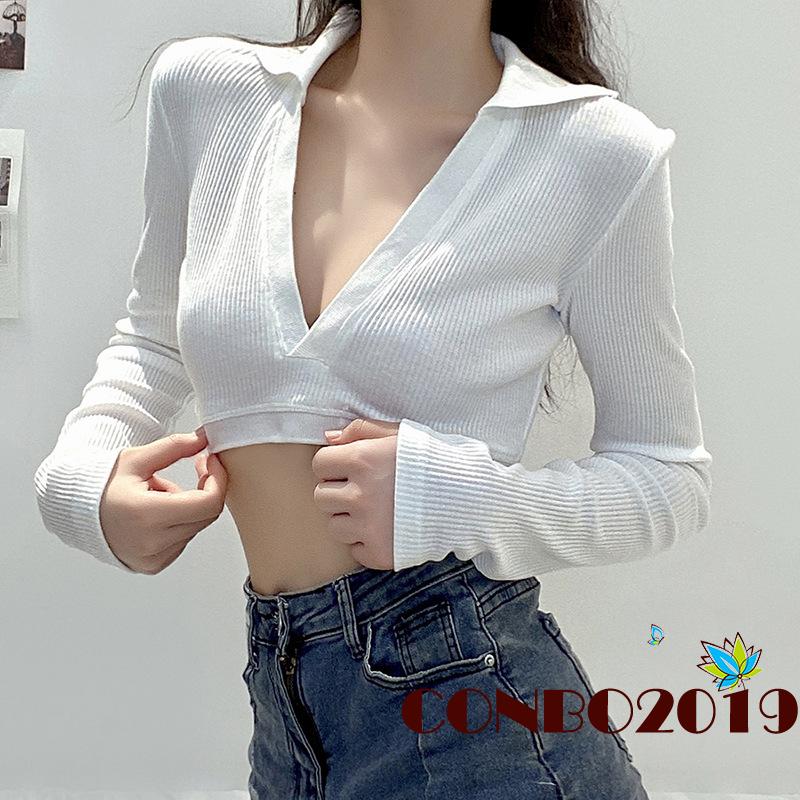 Áo Croptop Tay Dài Cổ Chữ V Màu Trơn Phong Cách Quyến Rũ | BigBuy360 - bigbuy360.vn