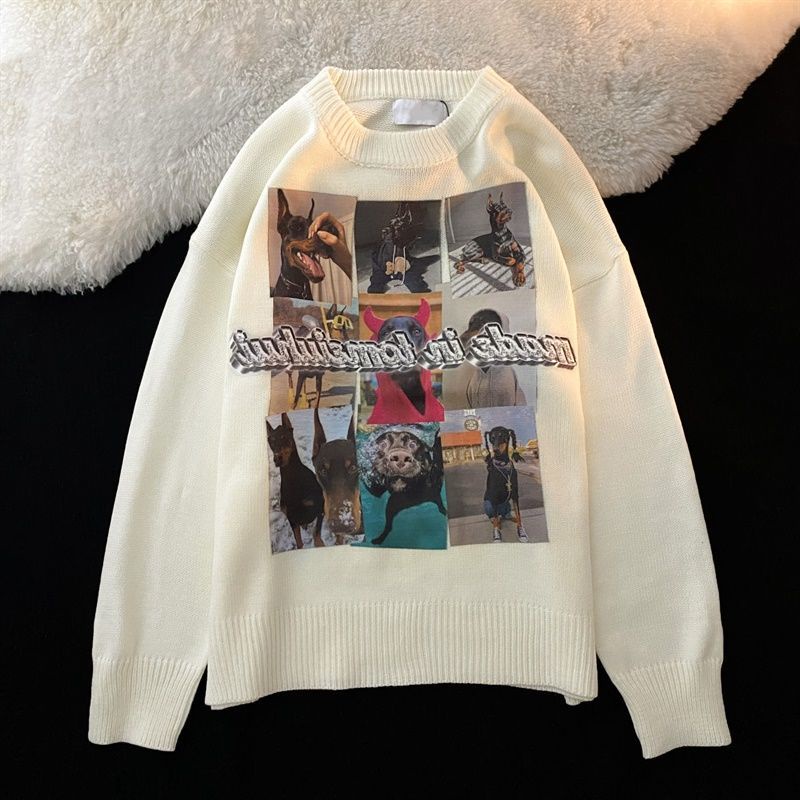 Áo sweater cổ tròn in họa tiết kiểu retro Mỹ thời trang thu đông cho nam 2021