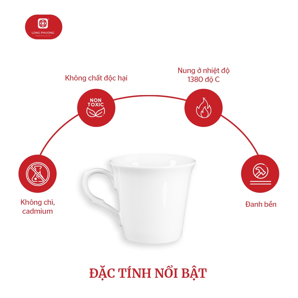 Ca Sứ loe Long Phương bằng men trắng có tay cầm - Dùng uống nước dung tích 200ml