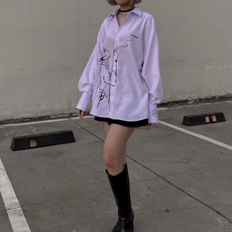 Áo Sơ Mi Hình SADBOZI Nam Nữ Dài Tay Unisex Basic Màu Trắng Sơ Mi Lụa Học Sinh Form Rộng Dáng Suông