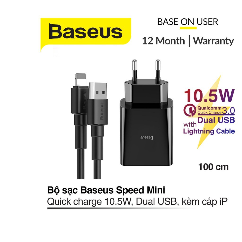 Bộ sạc nhanh 10.5W Baseus Speed Mini chuôi tròn kèm dây sạc Lightning dài 1M cho iPhone/iPad