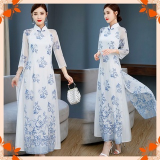 Hàng nhập - áo dài cách tân dáng suông in hoa xanh sang trọng - d118345