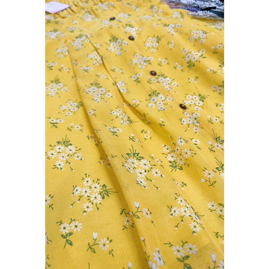 ĐẦM HOA Nhí Vàng Cổ Vuông Tay Cánh Tiên Phần Ngực Xếp Li BEM STUDIO