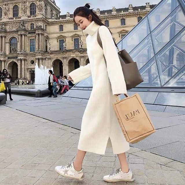 Váy len nữ cổ cao dáng dài siêu xinh ( Kèm ảnh thật)