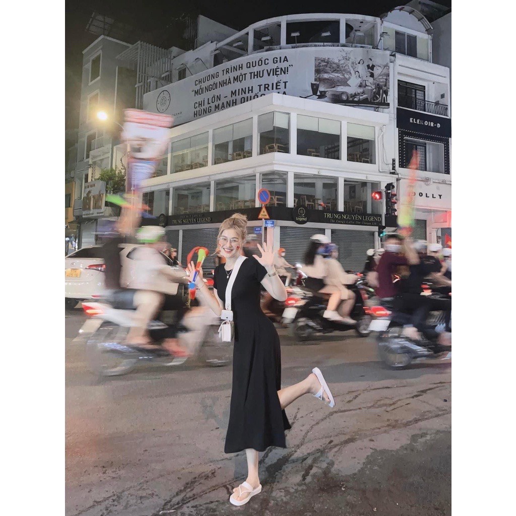 Đầm body nữ trơn thiết kế cổ tròn dáng xòe dài xẻ bên sang chảnh, Váy ôm nữ ngắn tay dự tiệc rẻ đẹp trẻ trung