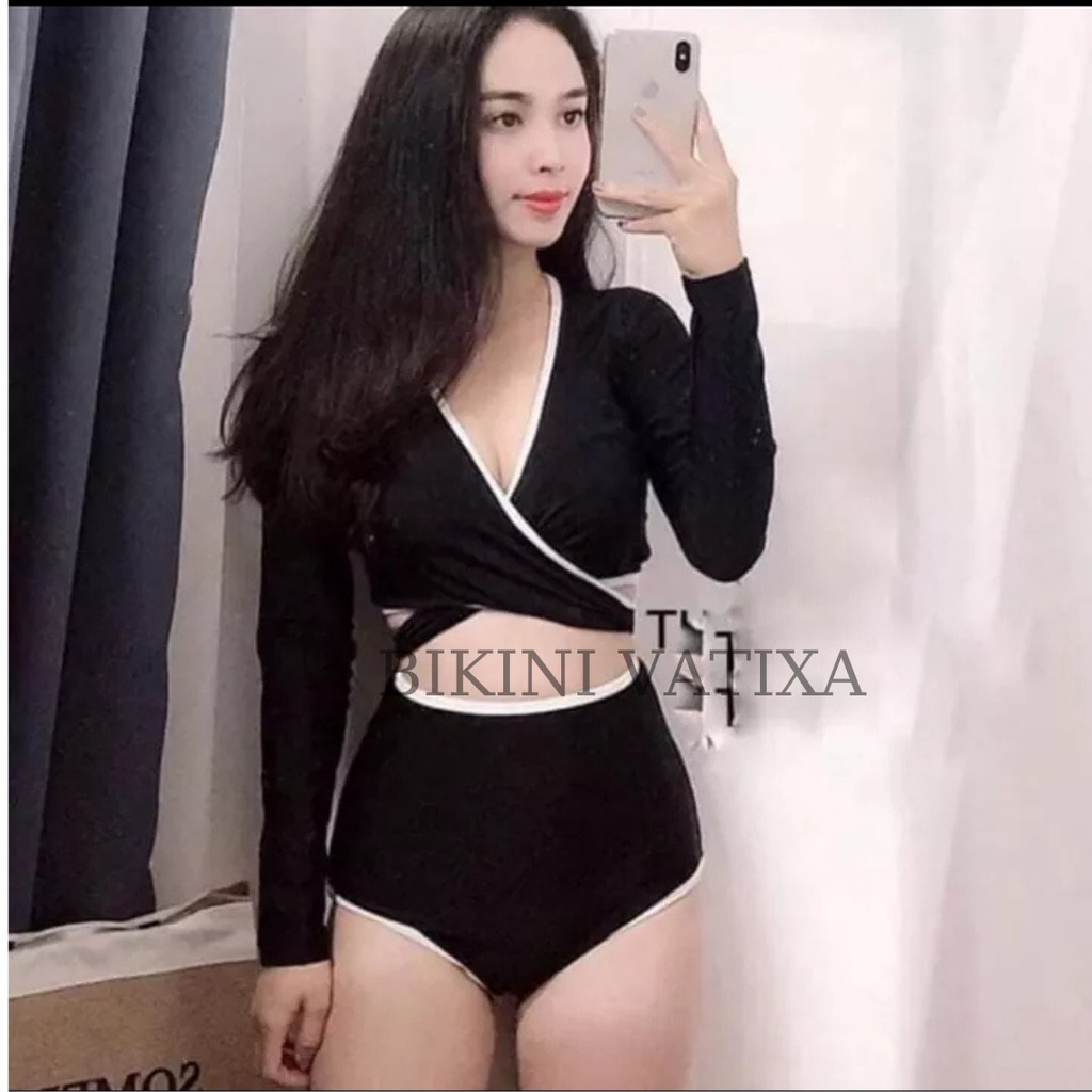 Bikini đồ bơi tay dài đắp chéo quần cạp cao viền trắng cột dây ngực sành điệu VATIXA BKN04