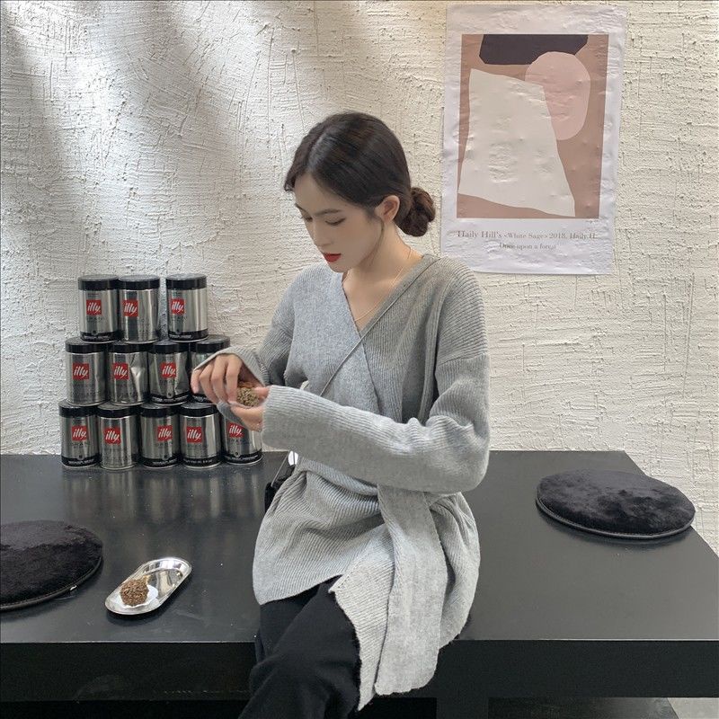 Áo len tay dài cổ chữ V dáng rộng thời trang mùa thu mới cho nữ