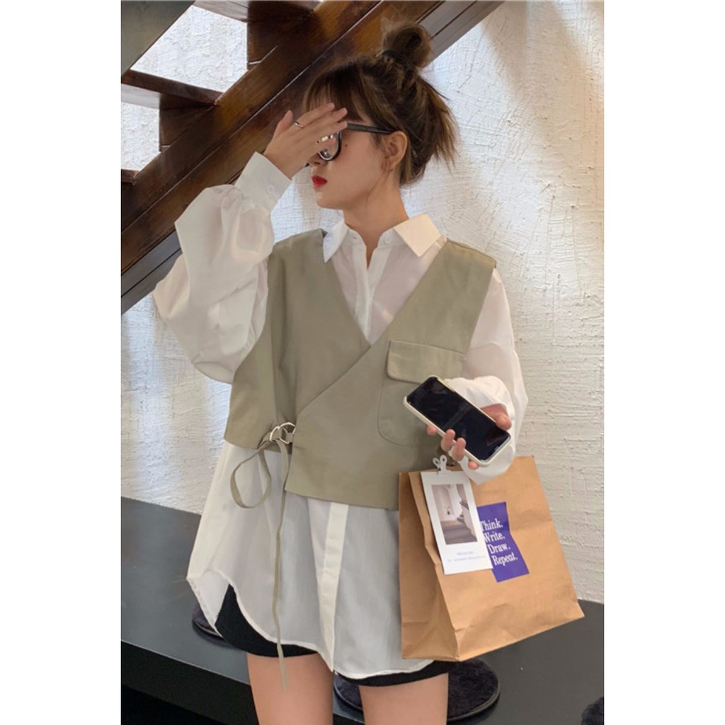 SET ÁO SƠ MI TAY BỒNG MIX VEST KHÔNG TAY🔥