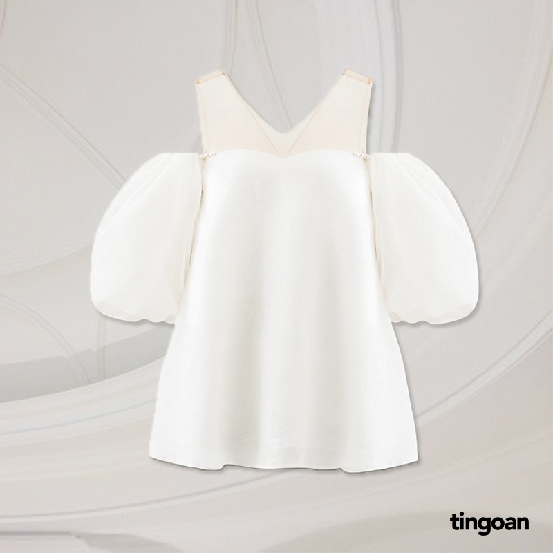 TINGOAN® - Áo trễ vai babydoll phối lưới vân hoa hồng trắng 3 lớp vải ROSIE ANGLES TOP/WH