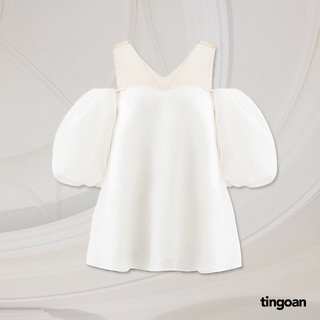 Áo trễ vai babydoll phối lưới vân hoa hồng trắng 3 lớp vải tingoan ROSIE