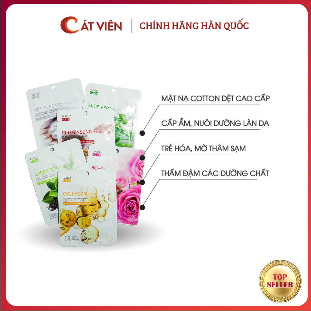 Mặt nạ cấp ấm dưỡng trắng Amisilk, chăm sóc da, mờ thâm sạm, ngăn ngừa mụn, chống lão hóa Hàn Quốc - Combo 10 miếng mix