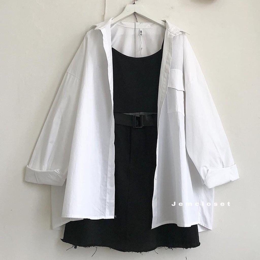Sét áo sơ mi trắng dài tay mix áo 2 dây bún đen BIGOMALL