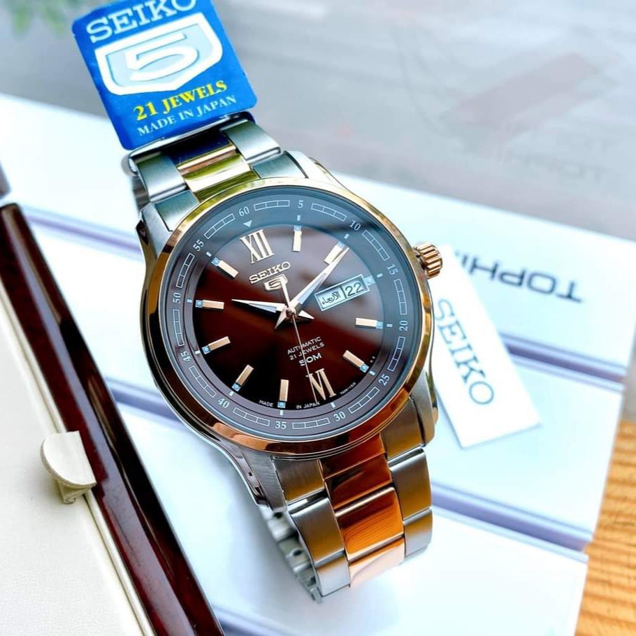 Đồng hồ Nam Seiko 5 SNKP18J1/SNKP18K1 Automatic Size 42,Mặt nâu đất,Lịch thứ ngày-Máy cơ tự động-Dây kim loại cao cấp