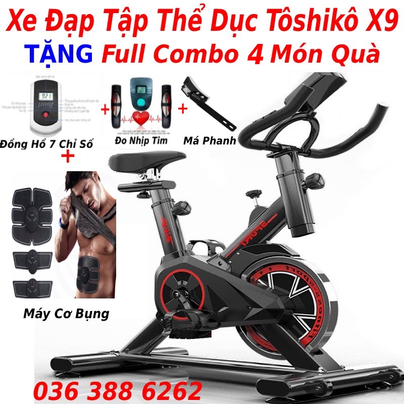 Xe đạp tập thể dục toshiko x9 tặng máy cơ bụng EMS + má phanh + đo nhịp tim + đồng hồ + bình nước, bảo hành xe đạp 3 năm