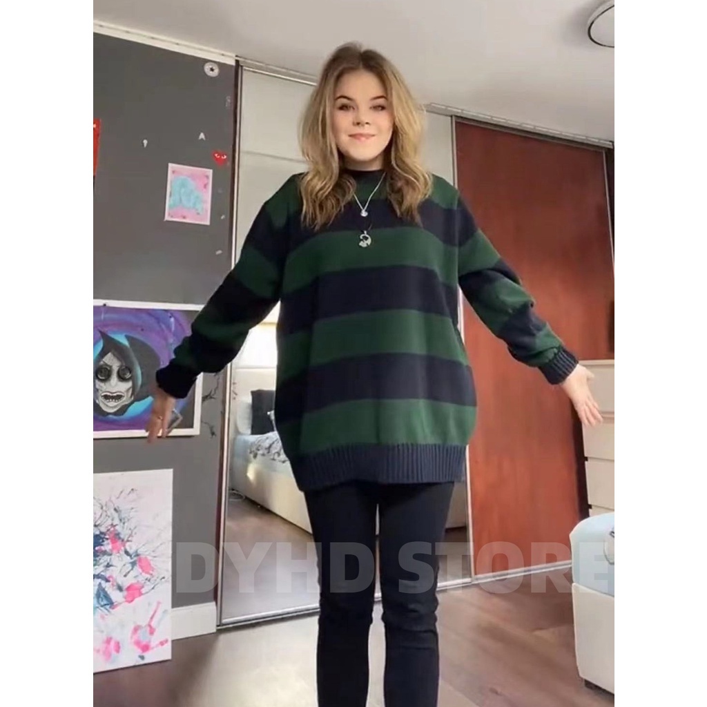 Áo sweater cotton Dệt Kim Chui Đầu Kẻ Sọc Màu Xanh Lá Mùa Thu Phong Cách harajuku Cổ Điển Cho Nam Và Nữ Năm 2021