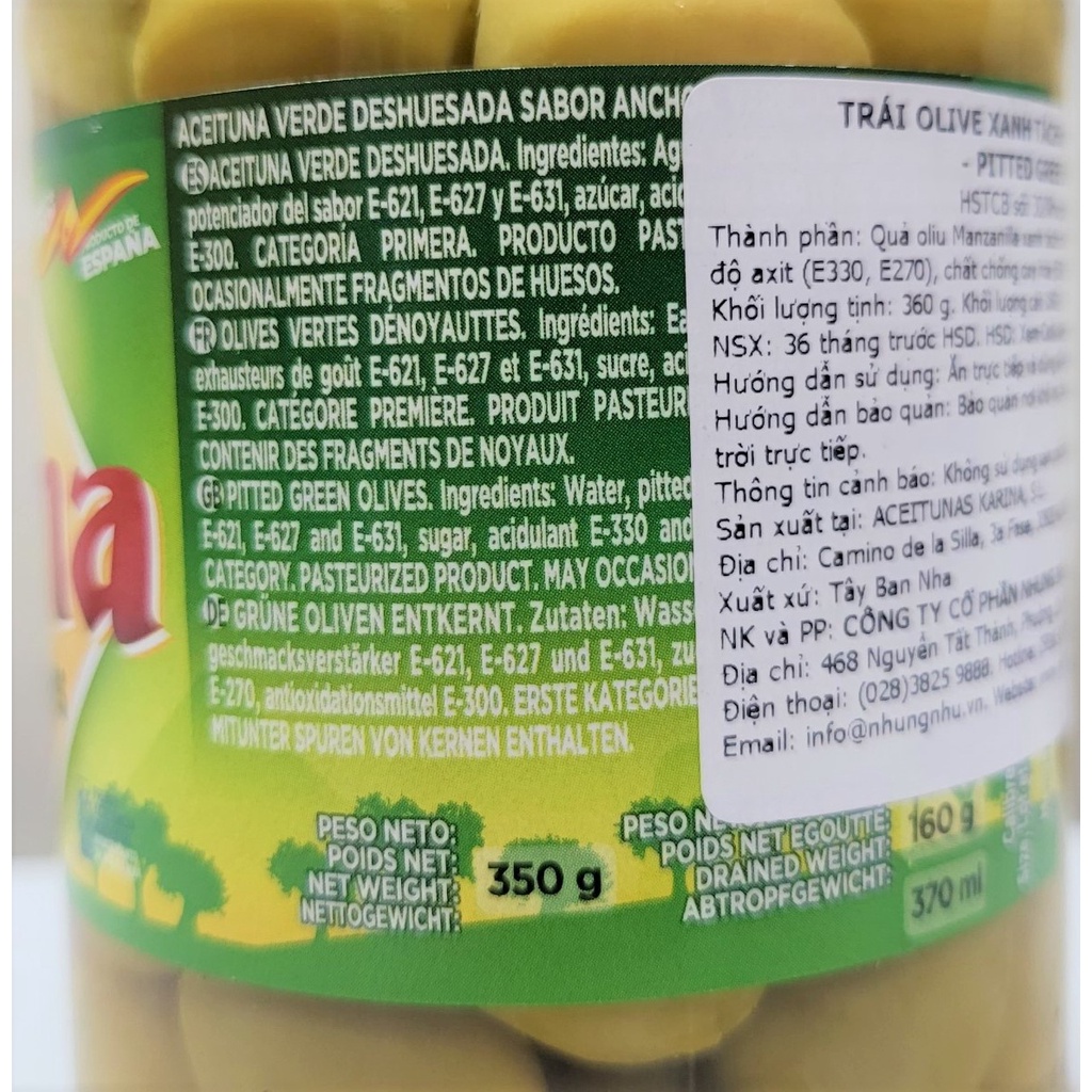 [Lọ 350g] TRÁI Ô LIU XANH TÁCH HẠT [Spain] KARINA Pitted Green Olives (nhn-hk)