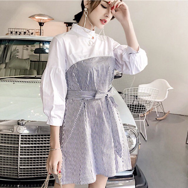 KT016 - Đầm Sọc Đen Phối Trắng Tay Bí (Kèm Hình Thật)