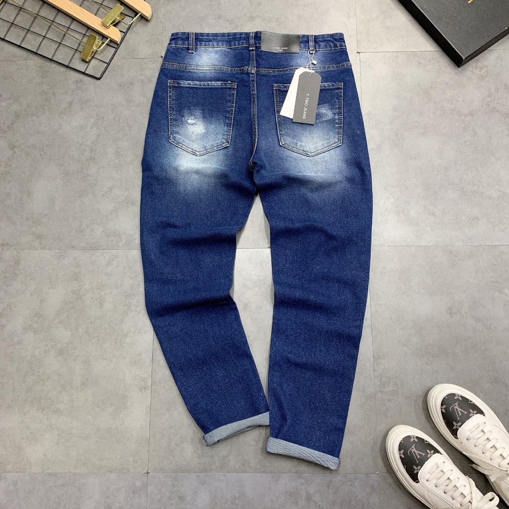 Quần jeans nam , Quần jeans skinni nam 2 màu cơ bản Xanh chơn loang và xanh rách Loang