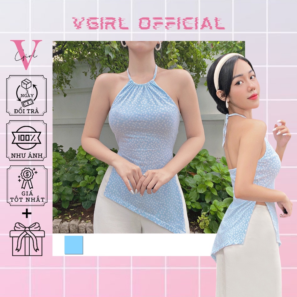 Áo yếm nữ xẻ tà VGIRL cột dây, hoạ tiết hoa nhí, chất thun co giãn [ẢNH ĐỘC QUYỀN]