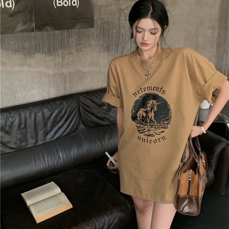 Áo Thun Ngắn Tay Dáng Rộng In Họa Tiết Đơn Giản Cá Tính Cho Nữ Mùa Hè