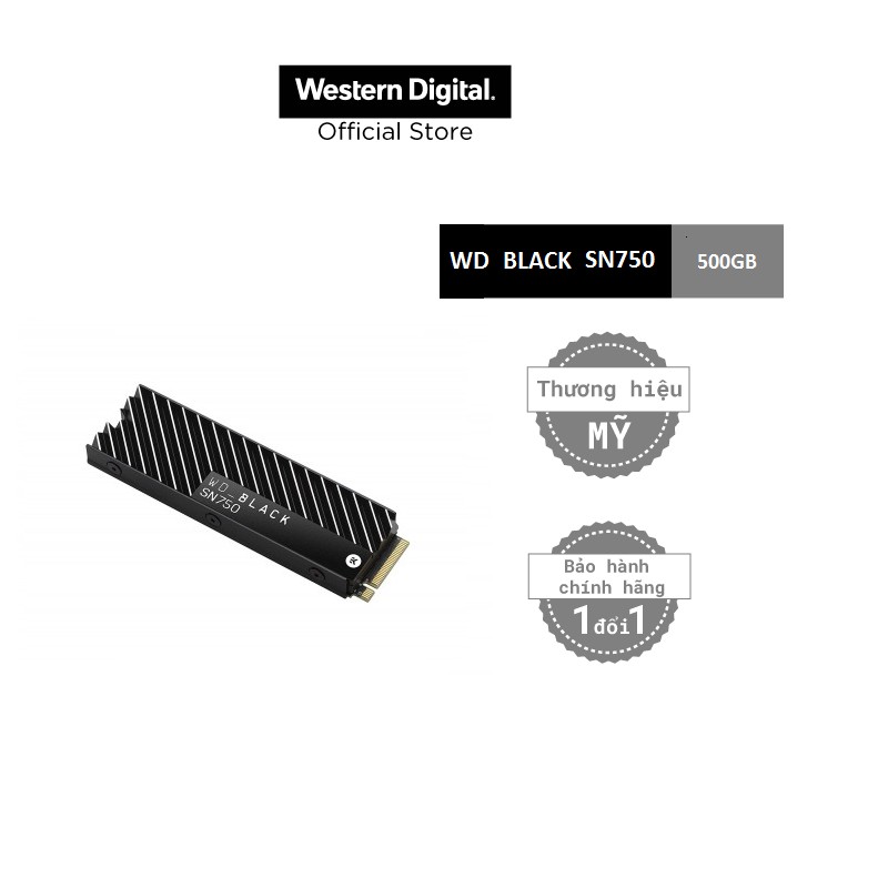 Ổ cứng gắn trong WD Black SN750 500GB internal gaming SSD with Heatsink - Gen3 PCIe NVMe (WDS500G3XHC)