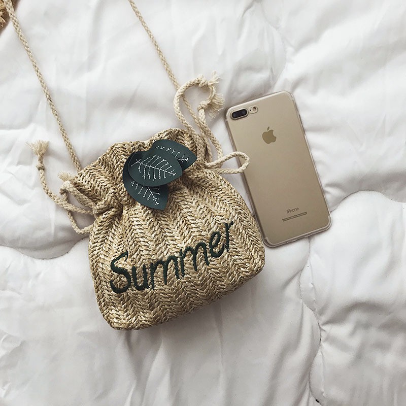 Túi Cói Đi Biển Thêu Chữ Summer Đính Lá