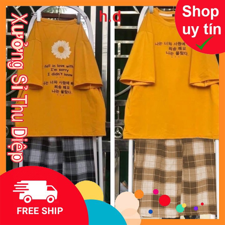 Sét áo hoa chữ Hàn + quần kẻ HĐ12 (HÀNG CHÁT LƯỢNG )